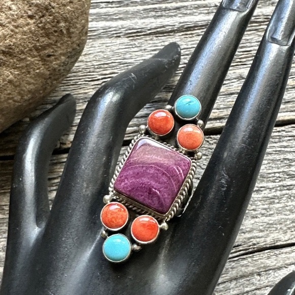 Navajo Sterling Silver Multi Stone Spiny Oyster Turquoise Ring Size 7.5 D Wylie - Picture 3 of 12